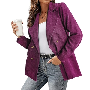 Damen Cord-Blazer in Tiefviolett mit zweireihiger goldener Knopfleiste Mantel
