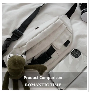Detail of cream canvas chest bag featuring multiple pockets and a green frog plush charm