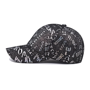 Classic black baseball cap with all-over silver graffiti print and curved brim