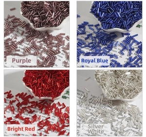 Close-up of 2x7mm silver-lined glass bugle beads in purple, blue, red and silver colors