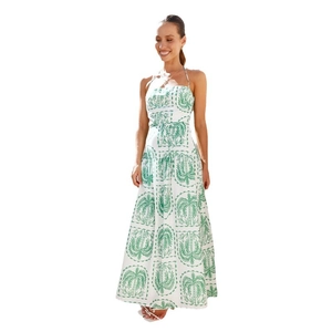 Robe longue d'été dos nu avec imprimé feuilles de palmier vertes sur blanc