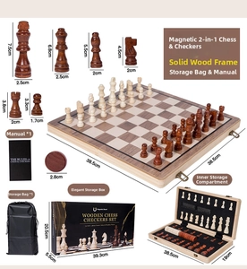 Macro view of 2-in-1 magnetic wooden chess and checkers set with folding board and pieces