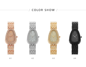 Luxurious snake-shaped quartz watches in rose gold, silver, gold, and black with crystals