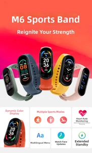 Detailed view of M6 smart bracelet fitness functions showing heart rate and blood oxygen icons