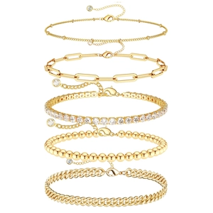 5-piece gold-plated titanium steel bracelet set featuring paperclip, Cuban and tennis chains