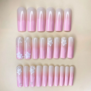 Pink and white ombre long coffin press-on nails with white floral patterns and pearls