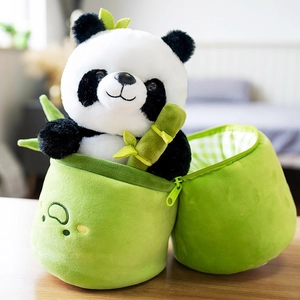Panda Plush Toy Stuffed Animal In Bamboo Tube Zipper Storage Bag Soft Cuddly Hugging Pillow Cute Birthday Gift