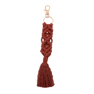 Handmade burgundy macrame keychain with long tassel and gold metal ring for bags