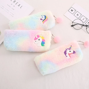 Plush Pencil Case Rainbow Gradient Unicorn Stationery Bag With Pom Pom Zipper Pull For Students