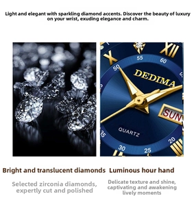 Detail view of quartz watch with blue dial, luminous dauphine hands and zircon hour markers
