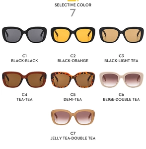 Selection of seven trendy square jelly-colored sunglasses in various frame finishes