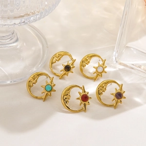 Vintage 14K gold plated celestial earrings featuring crescent moon and star with natural stones