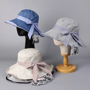 Women Wide Brim Bucket Hat Cotton Polyester Sunshade Breathable Stripe Bow Adjustable Summer Outdoor Travel Foldable