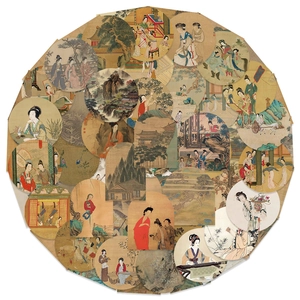Detailansicht von 61 chinesischen Kunststickern mit klassischen Figuren und Landschaften