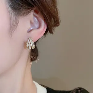 Elegant 18K gold lace earrings with sparkling zircon micro-paving and three hanging pearls