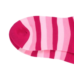 Close-up of pink and rose red striped knitted sock toe with soft texture on white base