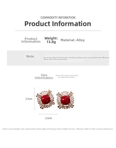 Detail view of red circular earrings with gold alloy and zircons showing 2.5cm size