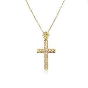 Elegant gold cross pendant necklace with clear crystals on a delicate box chain