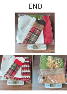 Weight display of Christmas tree skirts and stockings in plaid fabric packaging