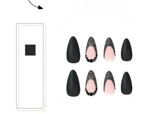 Detailed view of almond matte black and pink press-on nails with rhinestones and glitter