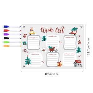 Macro shot of 42x29.7cm acrylic Christmas wish list board with six colorful markers