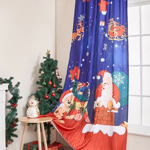 Festive Santa Claus print blackout curtain in navy blue with decorative reindeer and snowflakes