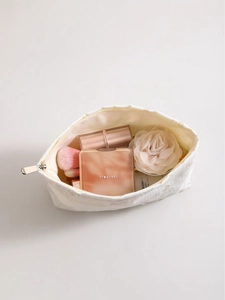 Pink heart embroidery white makeup bag with striped texture and large capacity