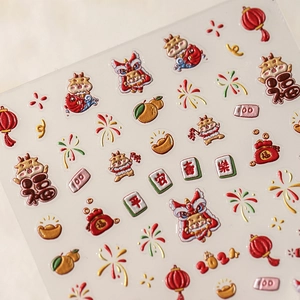 Autocollants 3D pour ongles Année du Dragon 2024 avec motifs festifs rouges et dorés