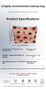 Floral makeup bag with zipper and handle, detailed product size and material overview