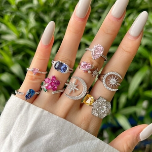 925 Sterling Silver Ring Colorful Cubic Zirconia Heart Pear Flower Sun Moon Design Elegant Fashion Jewelry Women