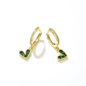 Golden heart hoop earrings with emerald green zircon stones and white diamond accents
