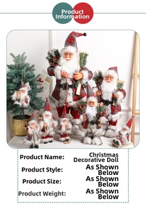 Detailed close-up of 18-inch standing Santa figurines with plaid clothes and ski accessories