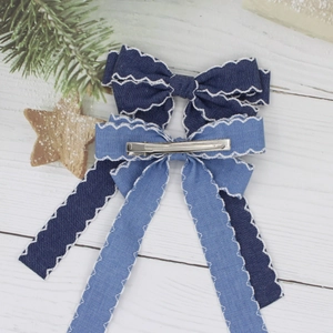 Denim bow hair clips with white stitching and long ribbons for sweet princess style