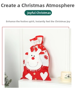 Detailed view of red and white knitted Christmas gift bag with a 3D reindeer design