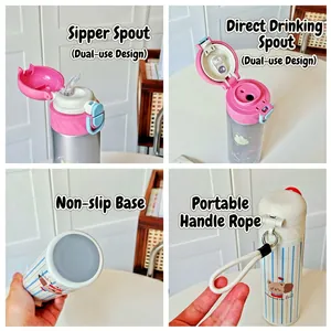 Cartoon stainless steel insulated water bottle with dual-sip lid and portable strap