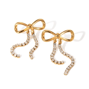 Elegant 18k gold stainless steel bow earrings with double rhinestone tassel chains