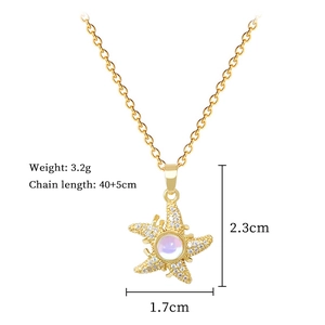 Detailed size chart for the gold starfish necklace showing 40+5cm length and 3.2g weight