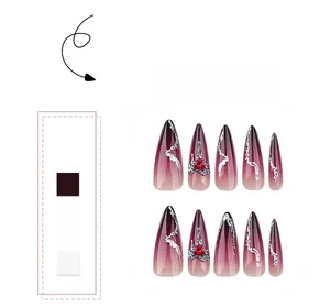 Long almond gradient purple press-on nails with silver glitter and red heart gems