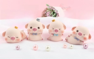 Set of four cute pink resin pig figurines with crowns and bowties for cake or car decor