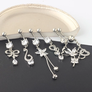 6-piece silver belly button ring set with white zircon butterflies and tassels