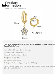 Detailed view of titanium steel star zircon earrings showing 28mm length and specifications