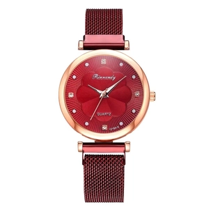 Red quartz watch with magnetic strap and diamond dial detail for women in 5-piece set