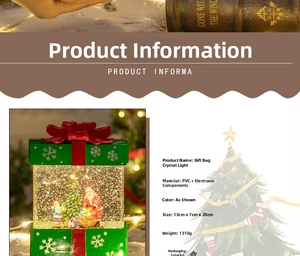 Detailed specs of lighted Christmas gift bag snow globe with Santa and snow scene