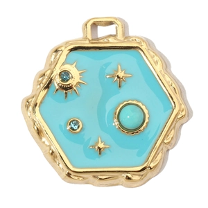 Detail of a golden hexagonal pendant with sky blue enamel and sun star celestial motifs