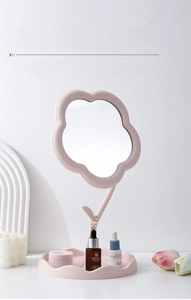 Miroir de maquillage rose en forme de fleur avec plateau de rangement intégré