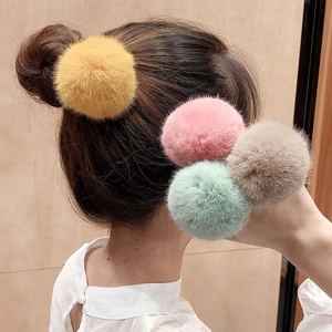 Detailed plush faux fur hair ties in yellow, pink, mint green and khaki color set