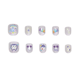 Colorful cartoon cat and star fireworks patterns on purple glitter press-on toenails