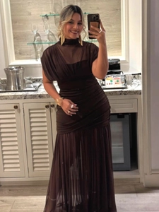 Detail view of brown ruched mesh dress with high neck and bodycon fit for women