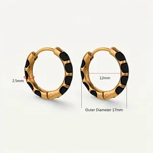 Gold-plated stainless steel hoop earrings with black enamel dots, 17mm outer diameter