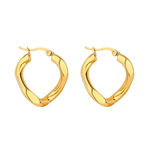 Polished gold stainless steel irregular heart hoop earrings with twist geometric design
